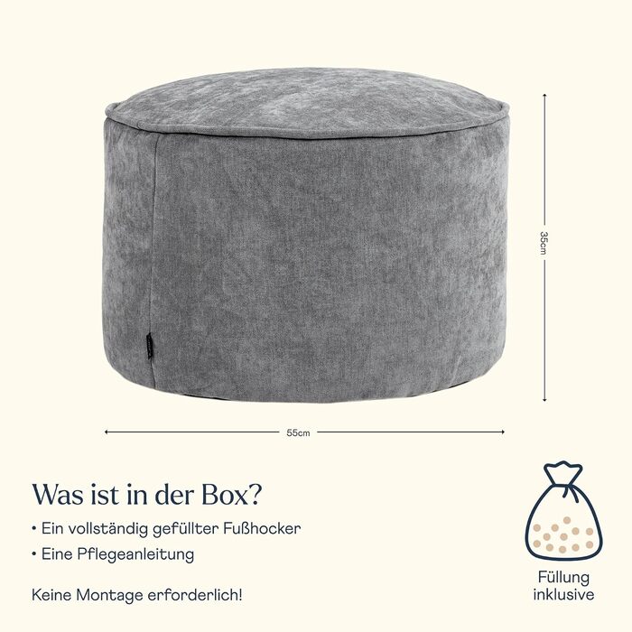 Табурет Icon Milano, сірий, пухнаста тканина з шенилу, оксамитова крісла-мішок, пуф-табурет з наповнювачем, пуф для ніг для вітальні, декор для вітальні