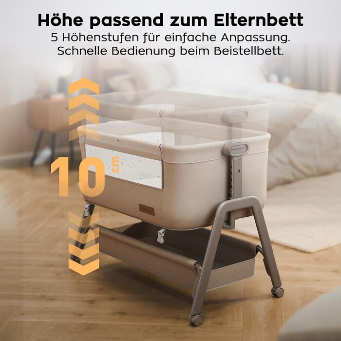 Дитяче ліжечко TULANO Dream 50 3-в-1 з колесами - Дитяче ліжко - Дорожнє ліжечко з матрацом - Регульована висота - Відкидна спальна поверхня - З москітною сіткою та кошиком для зберігання - Бежевий