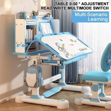 Функціональний комплект столу та стільця для дітей, ергономічний, регульований по висоті, для школи, студента, стіл, що похиляється, з шухлядою, підставкою для книг, ножною педаллю Rose