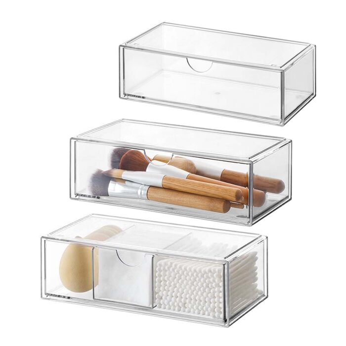 Міні-органайзер для ванної кімнати з шухлядами, комплект з 3 шт. , виготовлений з акрилу, штабелюється, прозорий, для комода, туалетного столика, дзеркальної шафки, всередині, 3 комплекти, 21Г x 21Ш x 10В см