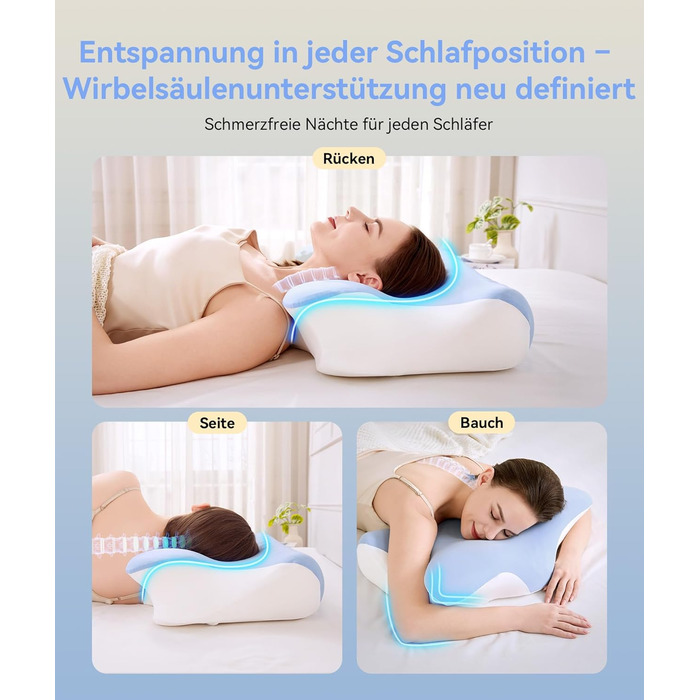 Подушка для шиї, ортопедична подушка з регульованою висотою з піни з ефектом пам&39яті, ергономічна подушка для шиї для сну на боці, спині та животі, подушка для сну на боці, 60x41,5x10/12 см, біло-синій