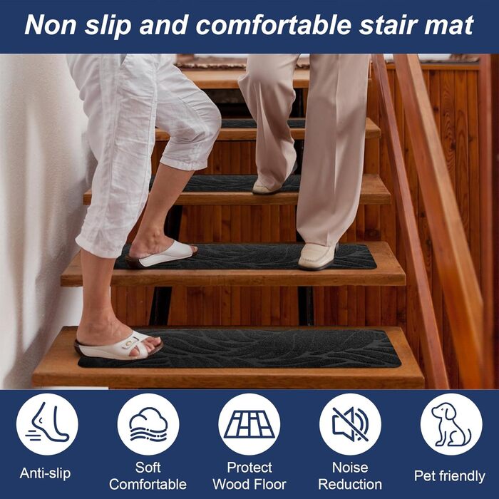 Сходинки для сходів, 15 шт. , протиковзкі, самоклеючі, 55x19 см, багаторазові, ріжучі, захист для сходів у приміщенні для домашніх тварин та дітей - чорні