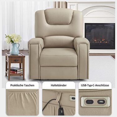 Електричне крісло-реклайнер для телевізора з підйомником, масажем та підігрівом, крісло-реклайнер з функцією нахилу на 145, подушка сидіння з піни 35D, приховані підставки для чашок 7252 (мікрофібра, бежево-коричневий) Бежево-коричнева мікрофібра