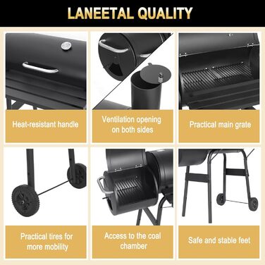 Вугільний гриль Laneetal з кришкою та візком на колесах, металевий садовий гриль з робочою поверхнею для кемпінгу та відпочинку на природі, чорний