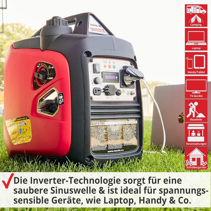 Інверторний генератор HECHT потужністю 2000 Вт, аварійне джерело живлення 4-літровий бензиновий бак 6 годин роботи тихий мобільне джерело живлення, також для чутливих до напруги пристроїв, таких як ноутбуки, мобільні телефони, телевізори тощо.