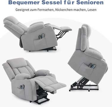 Крісло-реклайнер LEADZM для телевізора з підйомником, електричне масажне крісло з функцією відкидання, допомога вставанню, масаж, підігрів, 2 бічні кишені, підстаканник, світло-сірий