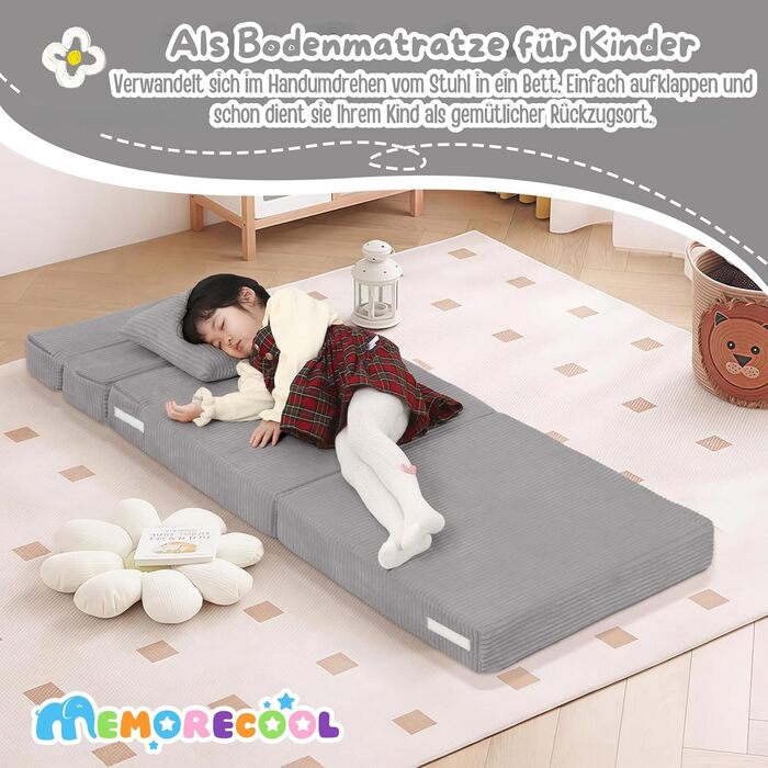 Диван MeMoreCool Cord Play, Дитячий диван, Дитячий диван Glow, Дитячий розкладний диван, Диван-фліп, Дитячий диван, Z-подібне ліжко, Розкладний дитячий диван, Ліжко на підлогу, Розкладний диван для ігрової кімнати, Сірий шнур сірого кольору
