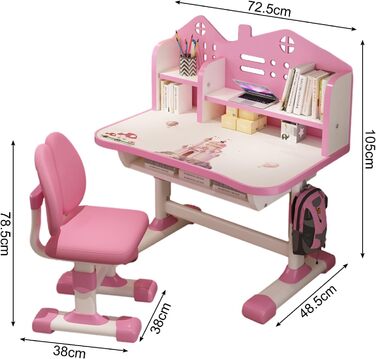Комплект дитячого столу та стільця, Дитячий стіл з регульованою висотою, Функціональний дитячий комплект столу та стільця з шухлядою, Розширений комплект столу та стільців, Рожевий з мультяшним візерунком