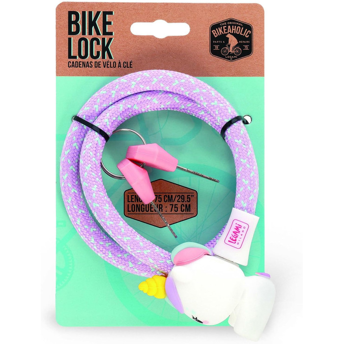 Легамі - Велосипедний замок з ключем, дизайн Єдиноріг, зовнішній шар з поліестеру, внутрішня частина з металу, довжина 75 см, аксесуар для дитячого велосипеда