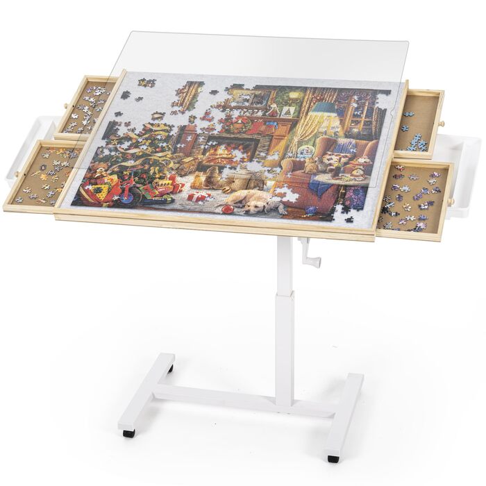 Стіл-пазл на 1500 елементів, стіл-пазл з 6 шухлядами та однією основою, дошка-пазл з регулюванням висоти та 4-рівневим регулюванням нахилу, стіл-пазл з кришкою та 4 колесами, 89 x 68 см