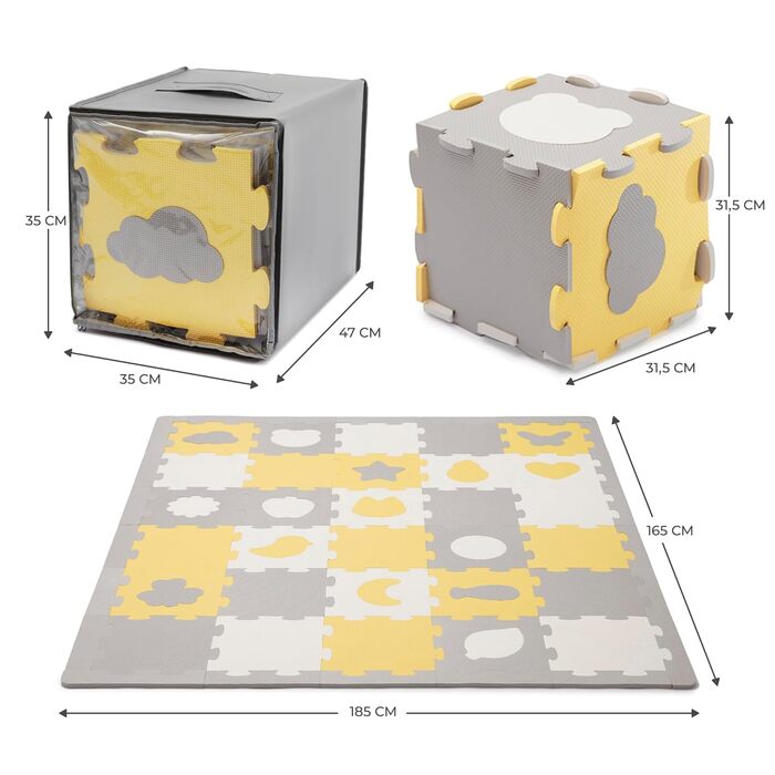 Ігровий килимок Kinderkraft LUNO SHAPES, килимок-пазл 185 x 165 см, ігрова ковдра від народження, водонепроникний, 30 пазлів, сумка для транспортування в наборі, 3D-фігури, захист від холодної підлоги, жовтий