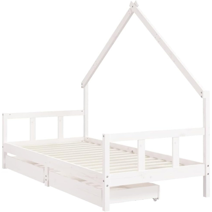 Дитяче ліжко з шухлядами білого кольору, 90x200 см, виготовлене з масиву сосни, з рейковою основою та дизайном у формі будиночка для зберігання та ігор, 205,5 x 95,5 x 163,5 см, біле