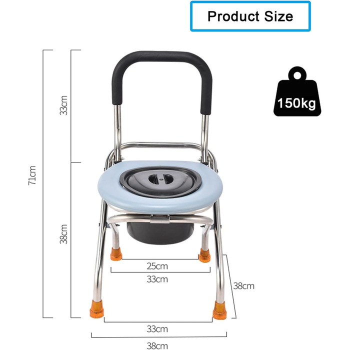 Розкладний приліжковий стілець зі знімним відром, Портативний кемпінговий туалетний стілець зі спинкою, Туалетне крісло з нержавіючої сталі, Спальня, Море, Вбудований туалет