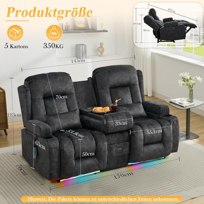 Двомісний крісло-реклайнер з функцією відкидання спинки, електрично регульоване крісло для телевізора з підігрівом та вібромасажем, крісло для домашнього кінотеатру з мультимедійною центральною консоллю, оксамит, сірий. Сірий двомісний крісло з консоллю