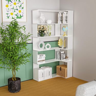 Г-подібна кутова полиця з 5 полицями, велика відкрита окремостояча полиця, кутова книжкова полиця білого кольору для спальні, вітальні, кабінету, 90x48x169 см 90 x 48 x 169 см Білий