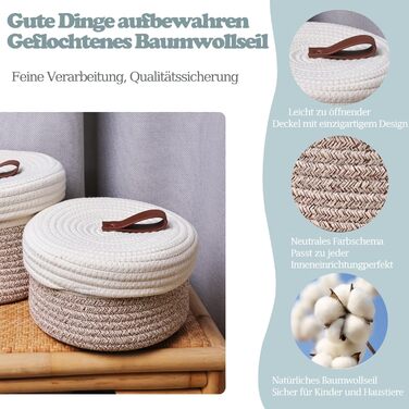 Кошик для косметики з 2 предметів з кришкою, коробка для зберігання, матеріал з натуральної бавовняної пряжі, декоративний кошик, який можна прати, ручка зі шкіряною етикеткою, набір кошиків для зберігання, білий коричневий