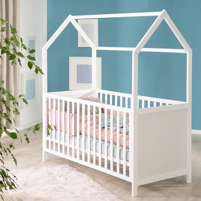 Ліжко roba House 70 x 140 см - Сертифіковано FSC - Дитяче ліжко в стилі домашнього декору - Регульована висота - Трансформується в дитяче ліжко - Дерев&39яно-біле 143,5Д x 75Ш x 162,5В см