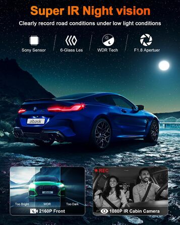 Автомобільна інфрачервона камера нічного бачення abask 4K з широким кутом огляду 310, G-сенсором, циклічним записом, WDR, 24-годин