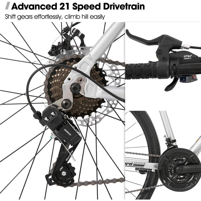 Шосейний велосипед Hiland 28 дюймів, 21 передача, міський велосипед для чоловіків з дисковими гальмами, рама 530 мм, зручний шосейний велосипед, колеса 700C, чорний/червоний/срібний, розмір L