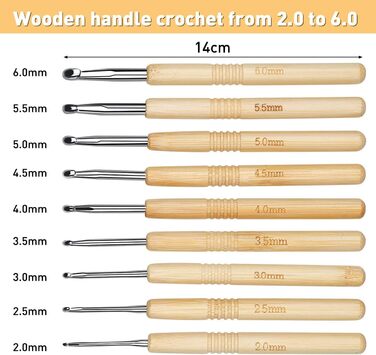 Набір гачків для вязання з 9 предметів. Ергономічні спиці, деревяна ручка для вязання гачком, гачки для вязання, надзвичайно легкі спиці для початківців та пряжа для вязання (2,0/2,5/3,0/3,5/4,0/4,5/5,0/5,5/6,0 мм)