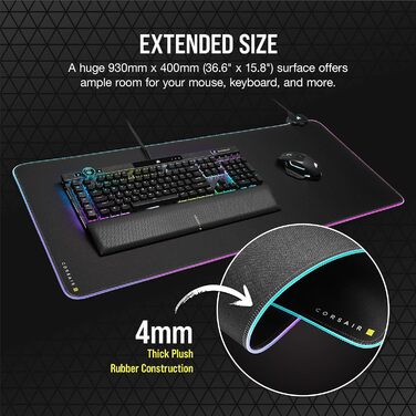 Ігровий килимок для миші Corsair MM700 RGB Extended Cloth - 930 мм x 400 мм - RGB-підсвічування на 360 - концентратор з двома USB-