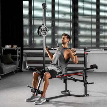 Силова лава Hop-Sport, багатофункціональна складна тренувальна лава зі стійкою для штанги, вежею для тяги лати, накладкою для гантелей &quotметелик&quot та згинання рук, для силових тренувань вдома, максимальне навантаження лави 250 кг