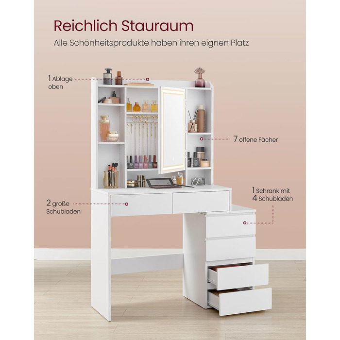 Колекція Kailyn - Туалетний столик зі світлодіодним освітленням, 3 регульовані кольори світла, туалетний столик з дзеркалом, шухляди, відкриті відділення, з табуретом, регульовані полиці, хмарно-білий RDT125W01 Сучасний 97.5W см