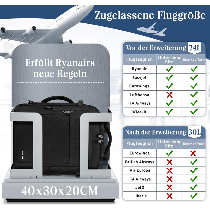 Рюкзак для ручної поклажі, розширювана дорожня сумка від 24 л до 30 л, водонепроникний рюкзак для ручної поклажі з вологим відділенням, ручна поклажа Ryanair 40x30x20 для 15-дюймового ноутбука для Ryanair, Lufthansa, чорний 40x30x20 см