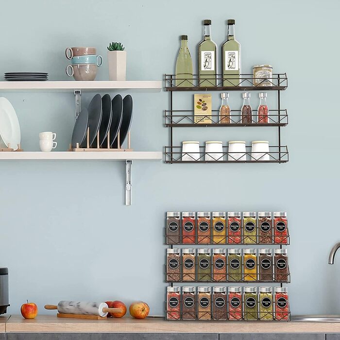 Настінні підставки для спецій Bomblap, набір з 2 шт. , великий органайзер для спецій для зберігання в банках, вузькі металеві, настінні підставки для спецій для кухонних стін або дверей шаф (чорні)