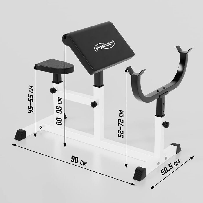 Лава для згинань рук Physionics сидіння 5 положень, підлокітники 4 положення, стійка для штанги 6 положень з регулюванням висоти, до 200 кг лава для штанг з подушкою для згинань рук, лава для біцепсів, лава Скотта, тренажер для згинань рук