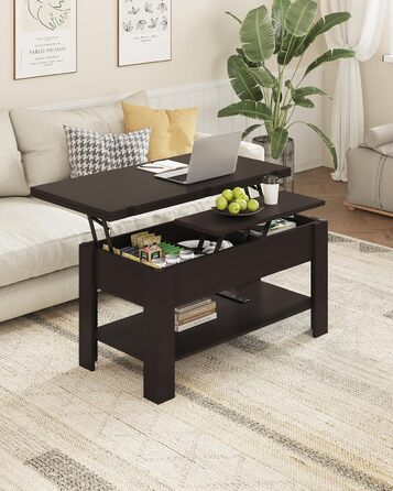 Журнальний столик з регульованою висотою, багатофункціональний стіл для вітальні 3-в-1, журнальний столик, приховане місце для зберігання, відкрите відділення, можна використовувати як обідній стіл, для вітальні, офісу, чорно-коричневий