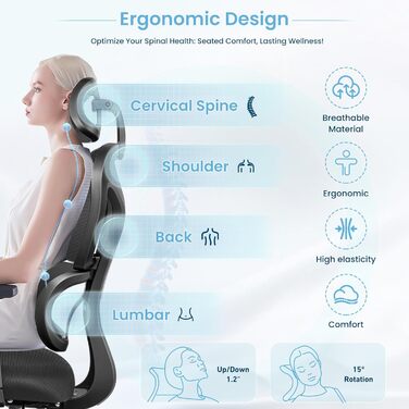 Офісний стілець KERDOM Ергономічне письмове крісло з регульованим підголівником, підлокітниками, поперековою опорою, проти болю в спині, вантажопідйомність 150 кг/330 фунтів (чорний) 9070 Чорний