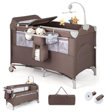 Складане дитяче ліжечко LIFEZEAL з пеленальний столик, дорожнє ліжечко з ігровою аркою та музичними дзвіночками, мобільне дитяче дорожнє ліжечко з сумкою для зберігання, для немовлят 0-36 місяців (коричневе)