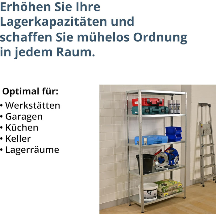 Система стелажів SCHULTE з 5 полицями PowerMAX, вантажопідйомність 65 кг, 190x100x40 см (ВxШxГ), оцинкована, полиця для зберігання, полиця для майстерні, полиця для підвалу, полиця для гаража, металева полиця
