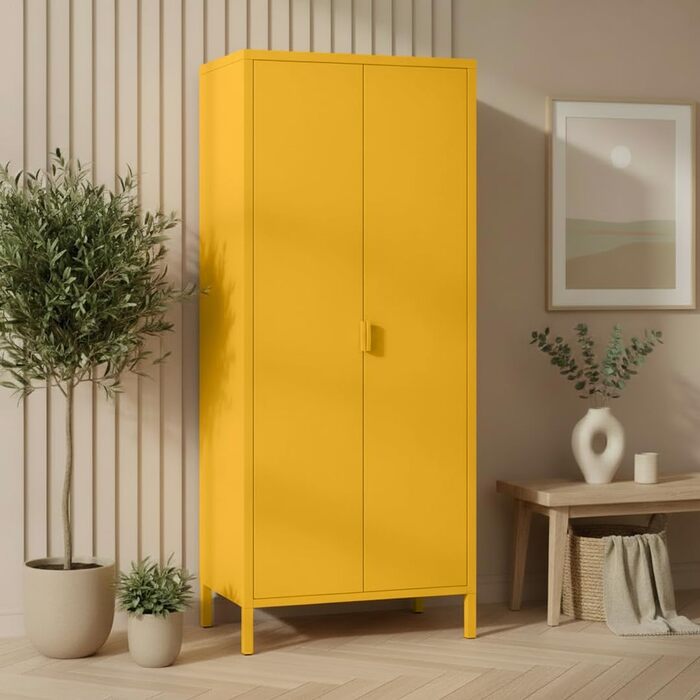 Металева шафа Skølm Ituri, гірчично-жовта Шафа з 6 полицями та 2 рейками для одягу Шафа для передпокою шириною 80 см Шафа для спальні в індустріальному стилі Сталева шафа для вітальні та офісу, гірчично-жовта без шухляд