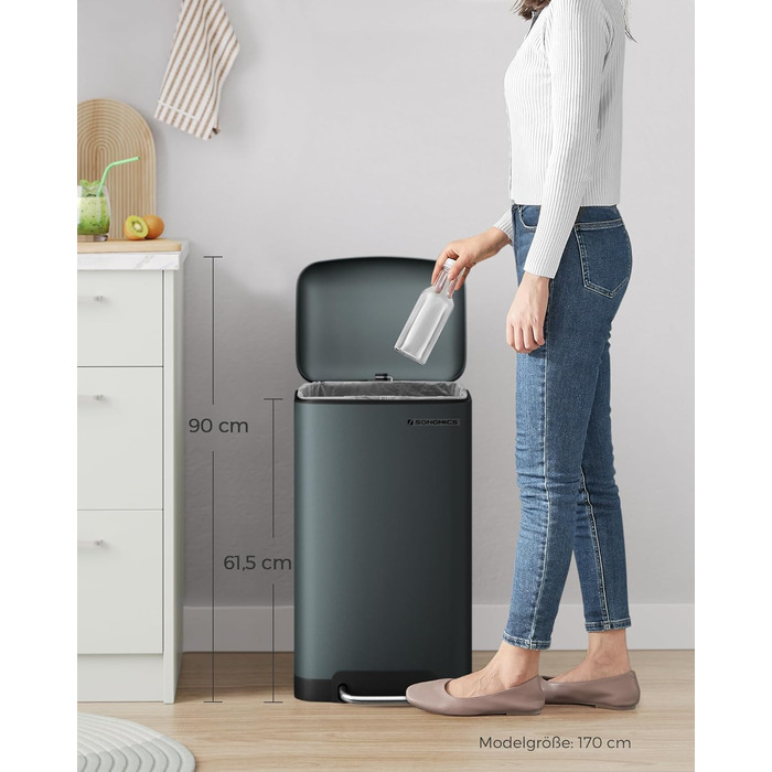 Відро для сміття, 30 л, зі сталевою педаллю, внутрішнім відром і кришкою, ручкою, з плавним закриттям, герметичне, для кухні, віта