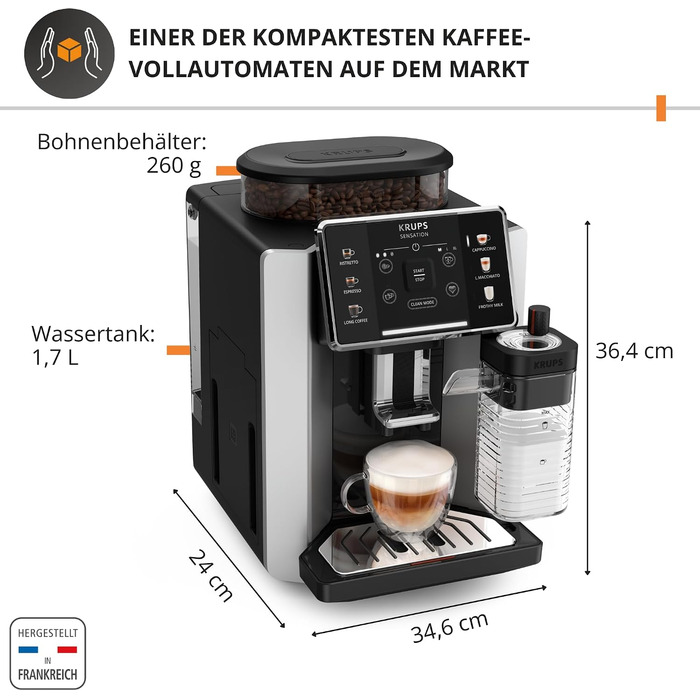 Кавомашина KRUPS Sensation Milk EA912E 6 рецептів кави та молочних напоїв, технологія Milk Maestro для ідеальної пінки, просте керування та легке очищення, компактний дизайн