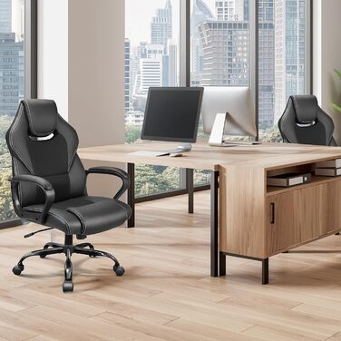 Офісне крісло BASETBL, крісло керівника, вантажопідйомність 150 кг, робоче крісло, ігрове крісло, ергономічне офісне крісло, шкіра штучна, обертове комп&39ютерне крісло з м&39якими підлокітниками та функцією гойдання, чорний колір