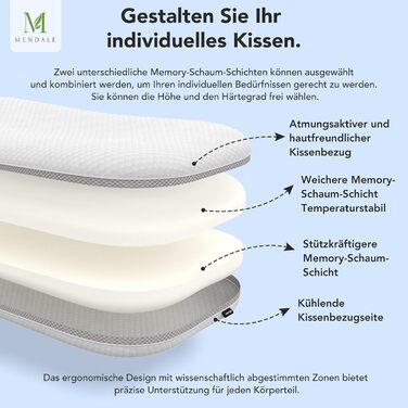 Подушка для шиї - Регульована по висоті подушка для підтримки шиї для полегшення болю в шиї - Ергономічна подушка з піни з ефектом пам&39яті - Чохол, який можна прати, 70x39,6 см, білий