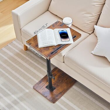 Журнальний столик HOOBRO C-подібної форми, регульована висота від 45,5 до 78 см, обертовий на 360 диванний столик з тримачем для напоїв та слотом, засовується під диван або ліжко, вінтажний коричневий та чорний EBF34SF01 Вінтажний коричневий чорний