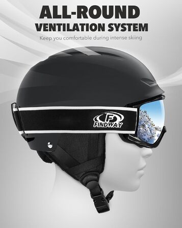 Комплект лижного шолома та окулярів Findway, шолом для сноуборду з окулярами для чоловіків та жінок, лижні шоломи для дорослих для чоловіків, жінок та молоді, розмір M (54,5-58,5 см), чорний