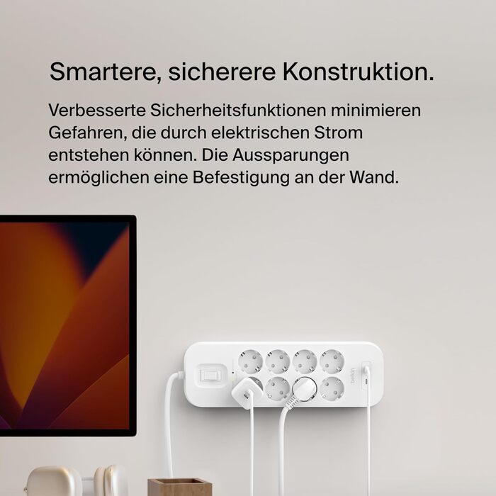 Розетковий подовжувач Belkin із захистом від перенапруги, настінний, 8 розеток, мережевий кабель 2 м, зелений індикатор, 2 порти U