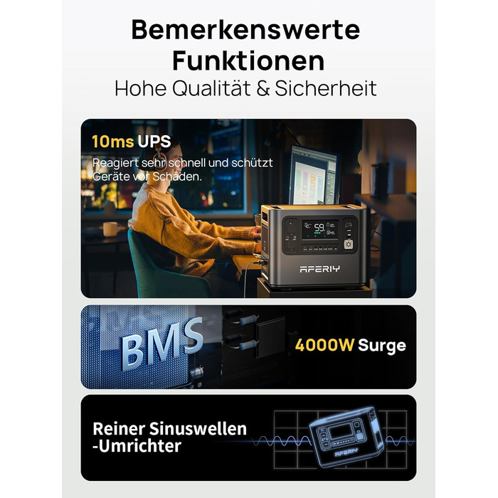 Портативна електростанція AFERIY потужністю 2400 Вт, акумулятор LiFePO4 ємністю 2048 Втгод, швидка зарядка за 1,5 години, 13 портів, синусоїдальний вихід 230 В, ДБЖ, мобільний блок живлення з додатком для кемпінгу на природі P210H