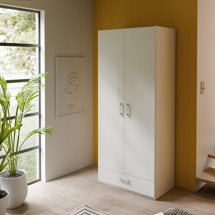 Гардероб Forte ECONOBOX 90, класична шафа з двома дверима-орнізаторами та 1 шухлядою, інженерна деревина, білий колір, ширина 88,9 см, висота 210,5 см, глибина 54,2 см. Білий матовий, 2-дверний з шухлядою.