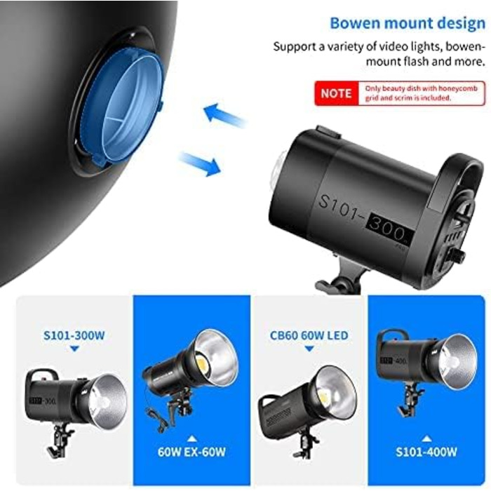 Набір рефлекторів NEEWER 55 см Metal Beauty Dish Bowens з білим розсіювачем, стільниковою сіткою для стробоскопічного відеосвітла Сумісний з Godox AD600 NEEWER CB60 Q4 Vision 4 S101 Series, NK-NARC22