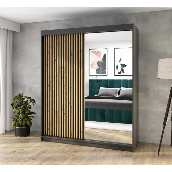 Шафа з розсувними дверима ЗІ ВОМБОЮ 160 см з дзеркалом та дерев&39яними ламелями (чорна) Чорний 160 см x 215 см