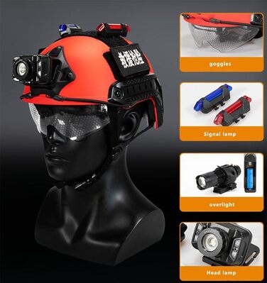 Тактичний рятувальний шолом червоного кольору із захисними окулярами та системою MOLLE, може використовуватися із сигнальними ліхтарями, прожекторами та високопродуктивними ліхтарями в тактичних іграх або рятувальних операціях.