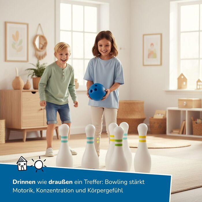 Боулінг-гра з 6 кеглями та кулею, кеглі 42 см, стабільна, наповнювана, міцна та водонепроникна, включаючи сумку для перенесення, вік 3, 60131 XXL