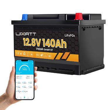 Літій-іонний акумулятор 12V 140Ah LiFePO4 з Bluetooth та додатком легкий, довговічний сонячний акумулятор з ресурсом до 15000 циклів для автофургонів, кемпінгу, дому, човнів із захистом від глибокого розряду BMS (12.8V 140Ah H7)