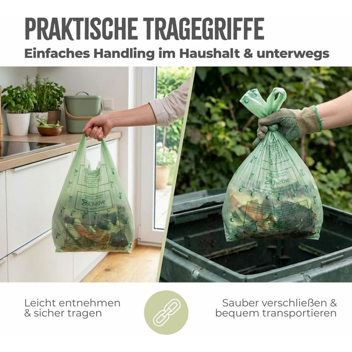 Літрові компостовані пакети для сміття з ручками 56 пакетів, компостовані, зроблені в Німеччині Міцні, кліматично нейтральні та веганські компостовані пакети для сміття, 20 л з ручкою для перенесення - 56 пакетів, 20-